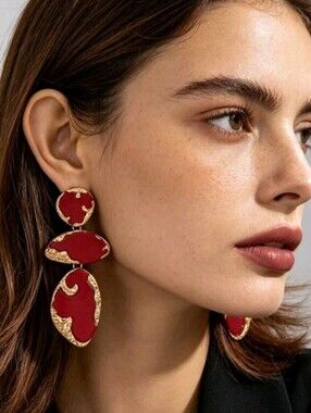 NEW! Stunning Red Gold-Trim Statement Asymmetrical Dangle Drop Post Earrings